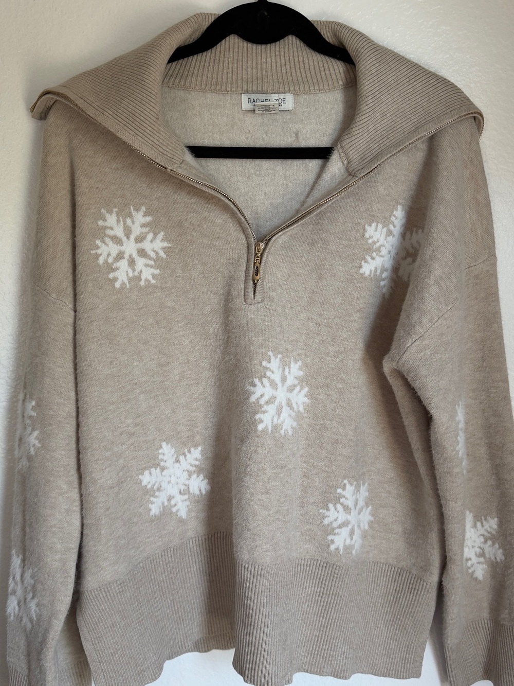 Rachel Zoe Taupe and White Snowflake Half-Zip Turtleneck Sweater